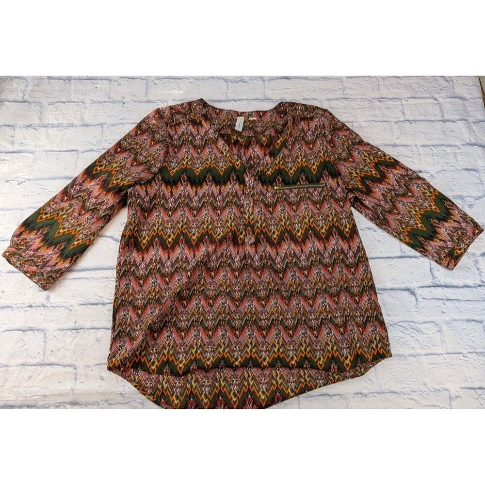 Tacera Blouse Women's L Geometric Boho 3/4 Sleeve V-Neck Lightweight Sheer Top